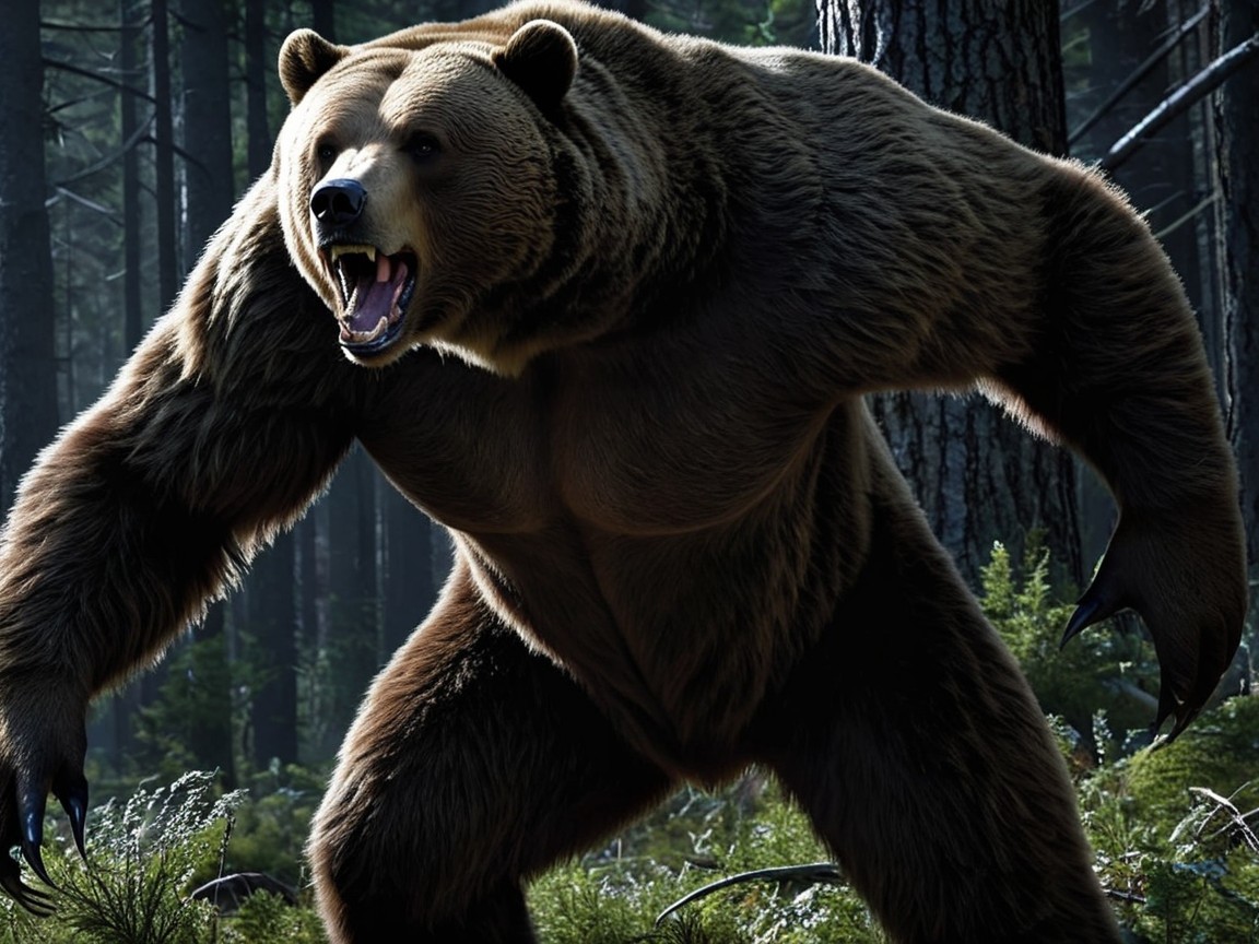 Muscular Bear in Dense Forest with Fierce Growl