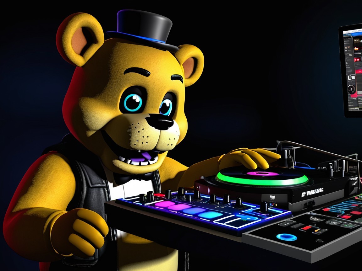 Cheerful bear DJ in tuxedo with colorful lights