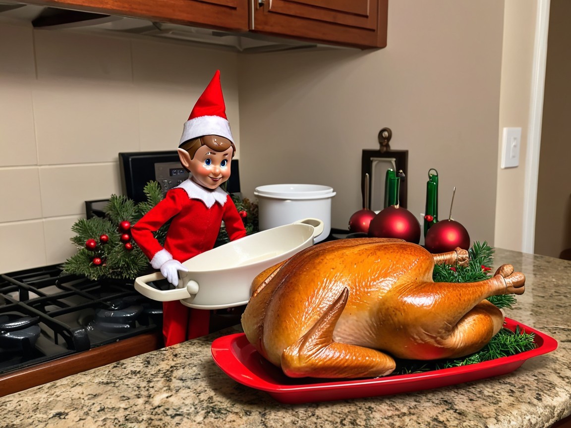 Festive Kitchen Scene with Elf and Roasted Turkey