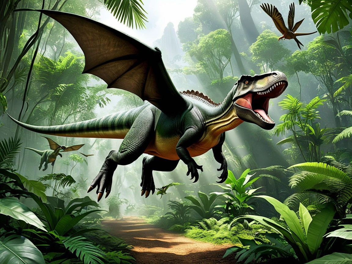 Flying Dinosaur in a Prehistoric Jungle Scene