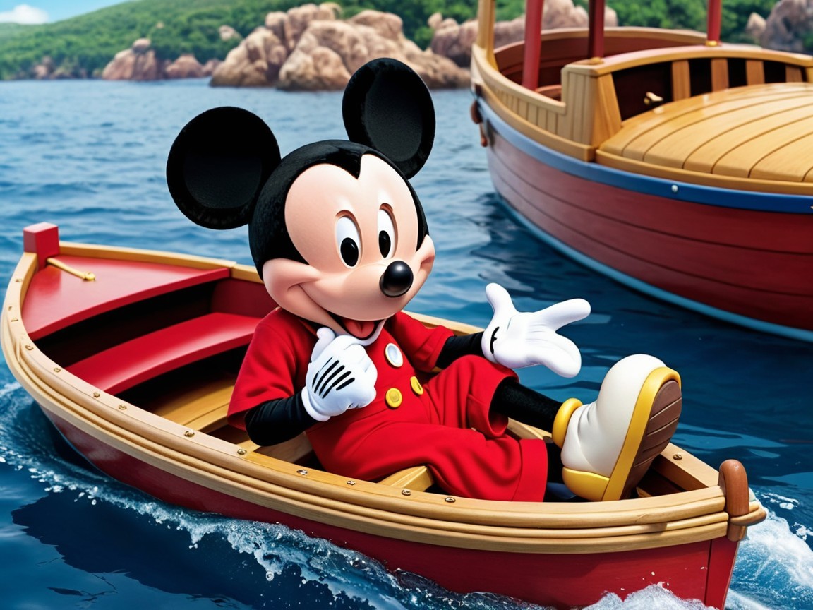 Mickey Mouse in a Rowboat on a Sparkling Ocean