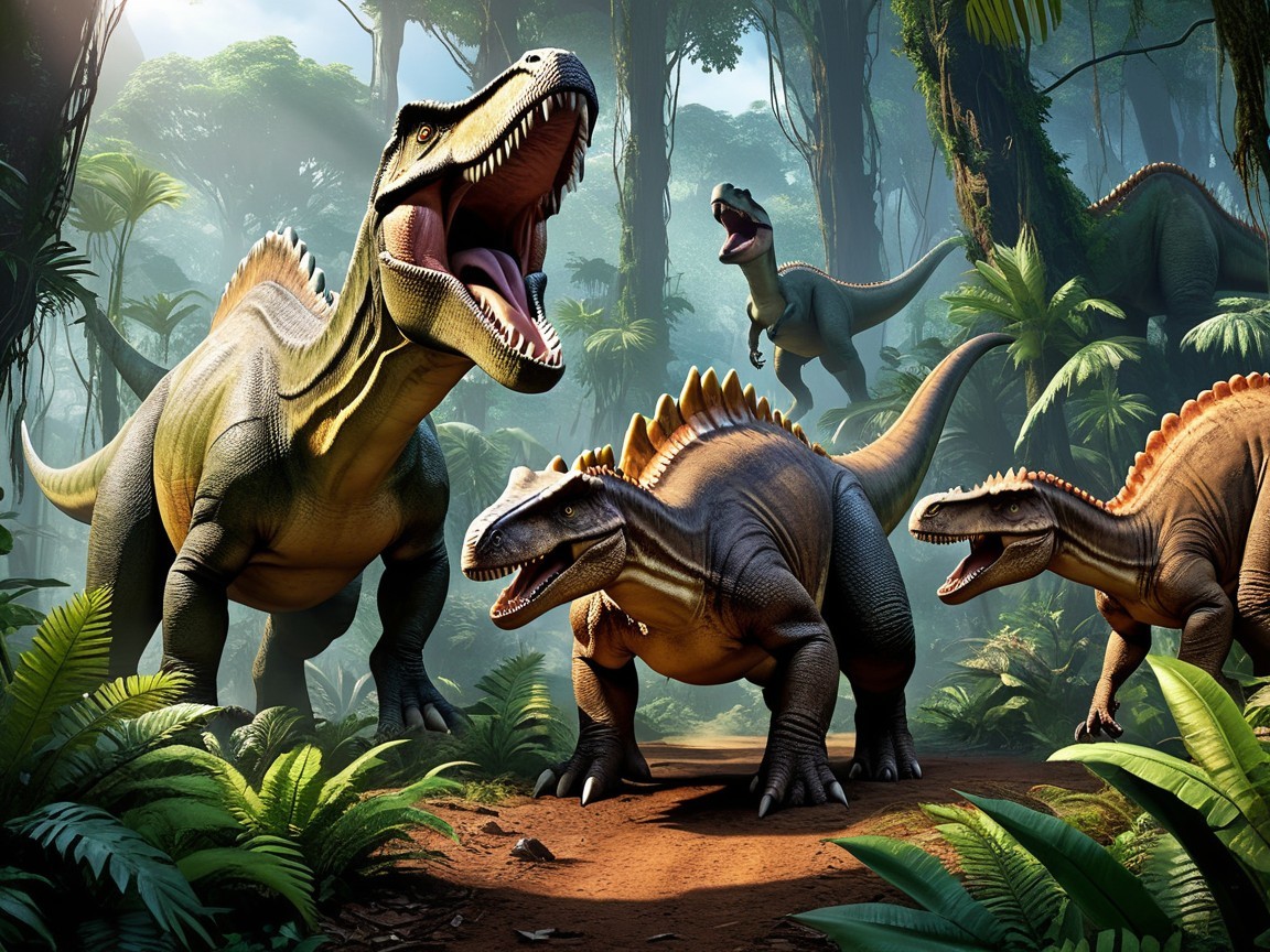 Dinosaurs in a Lush Prehistoric Jungle Scene