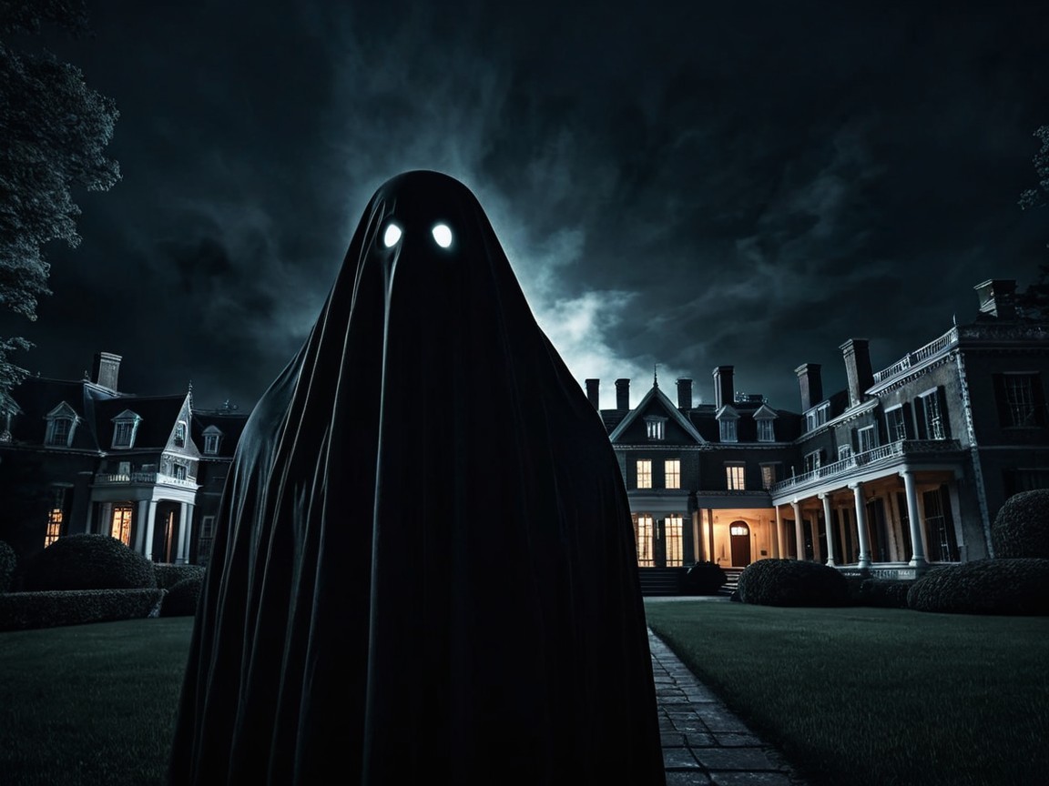 Shadowy Figure in Cloak in Moonlit Garden Scene