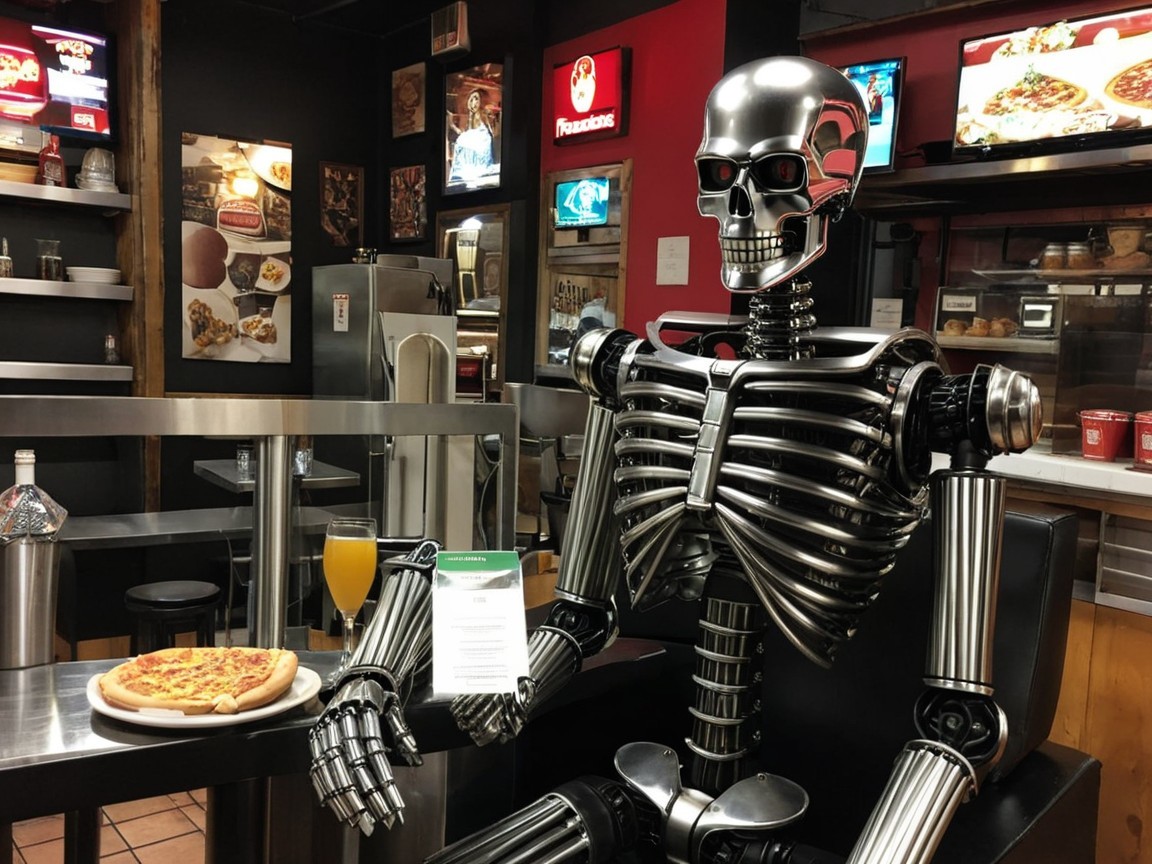 Robotic Skeleton Dining in a Quirky Diner Setting