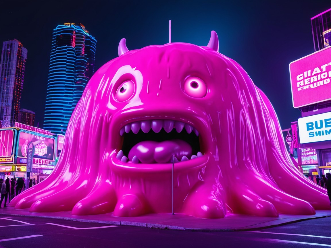 Giant Pink Monster in Neon Cityscape at Night