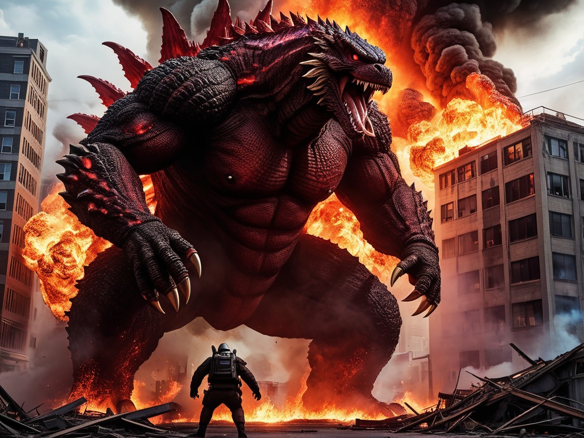 Colossal Monster in Burning Cityscape Confrontation