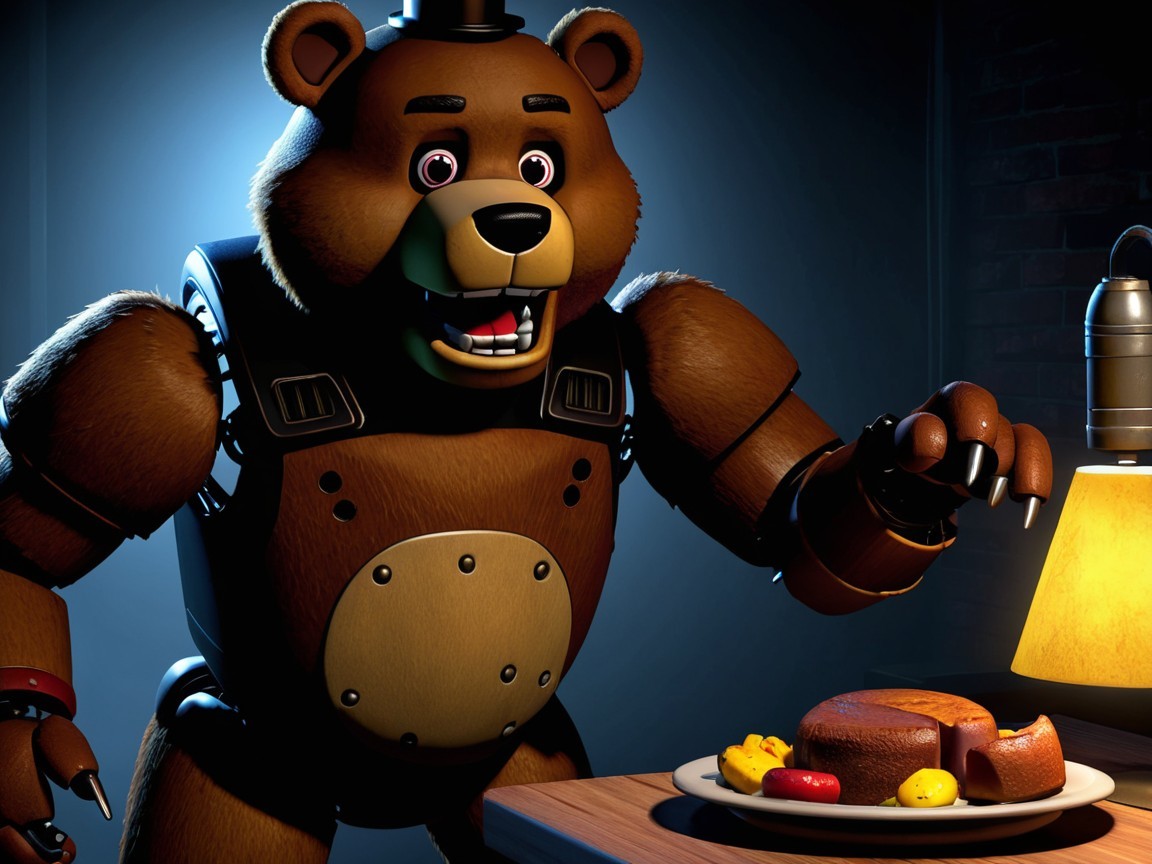 Robotic bear character in a dimly lit room