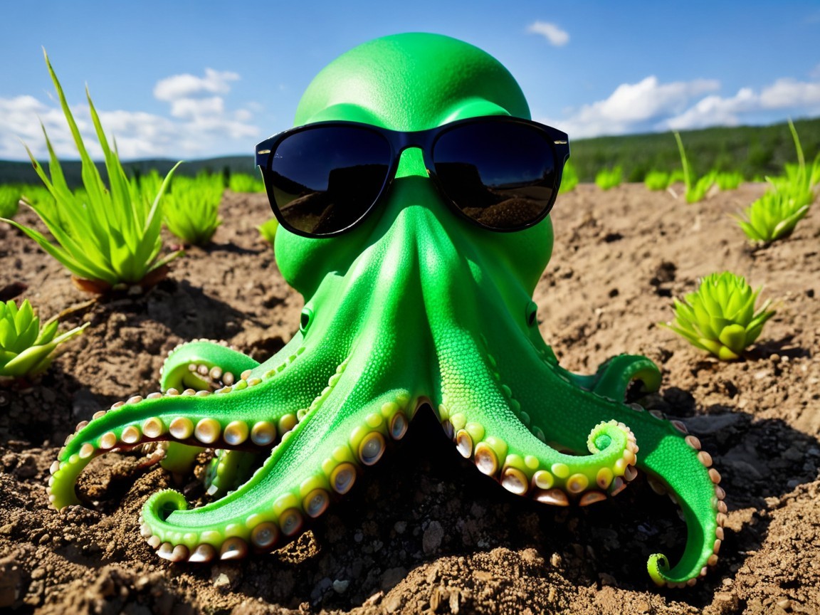 Green Octopus with Sunglasses in Outdoor Scene