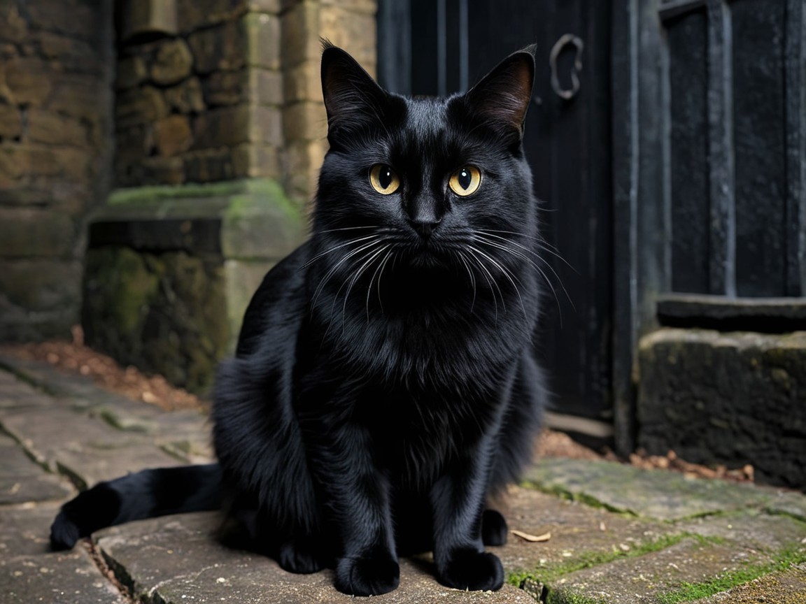 Sleek Black Cat on Cobblestone Pathway with Stone Walls