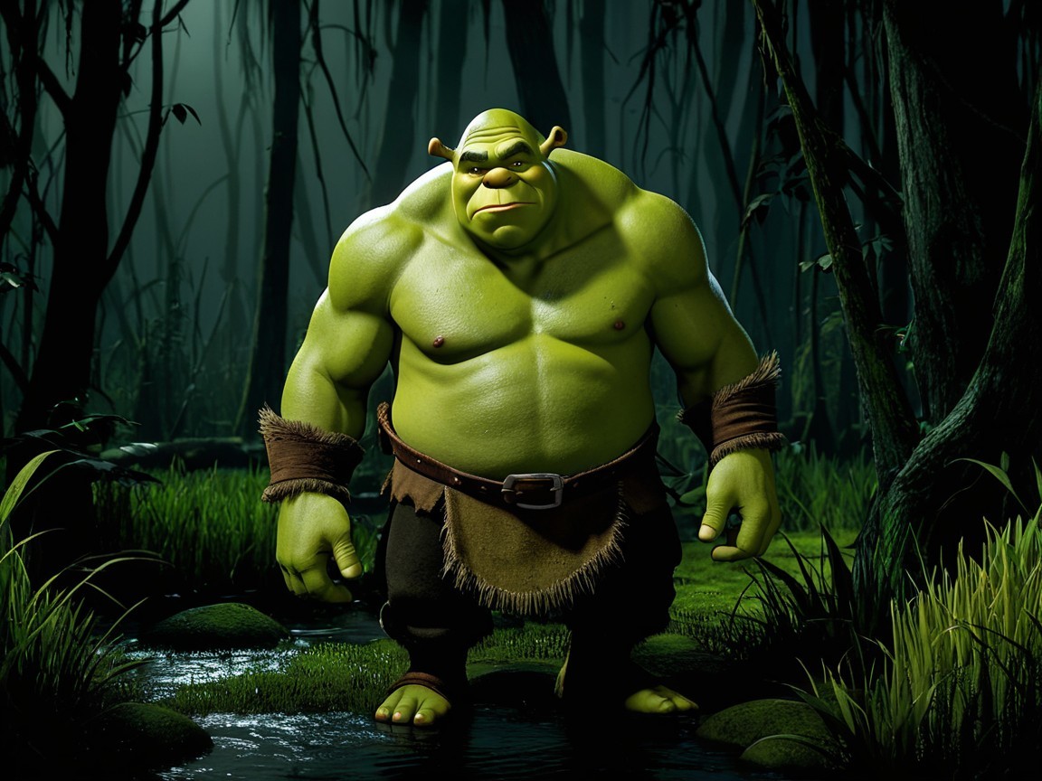 Muscular Green Ogre in Dark Mystical Swamp Setting