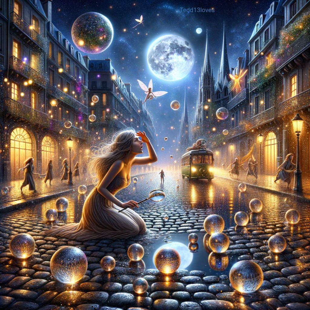 Whimsical Nighttime Scene with Fairies and Orbs
