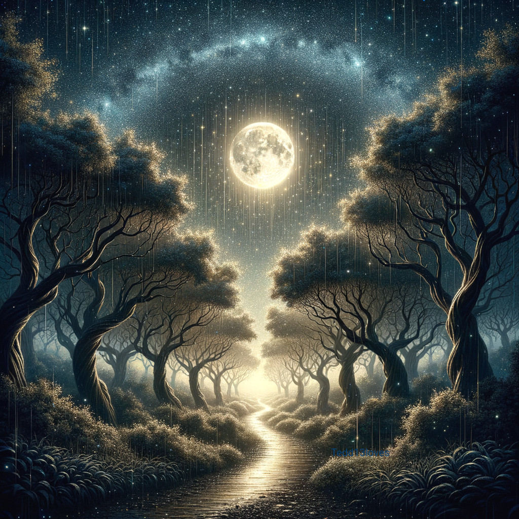 Mystical Forest Under Full Moon with Starry Sky