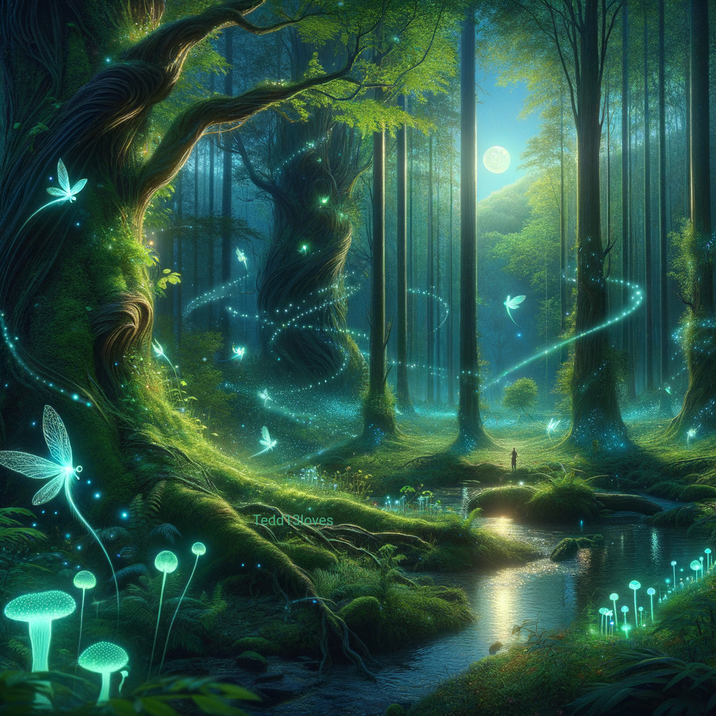 Mystical Forest with Bioluminescent Foliage and Stream