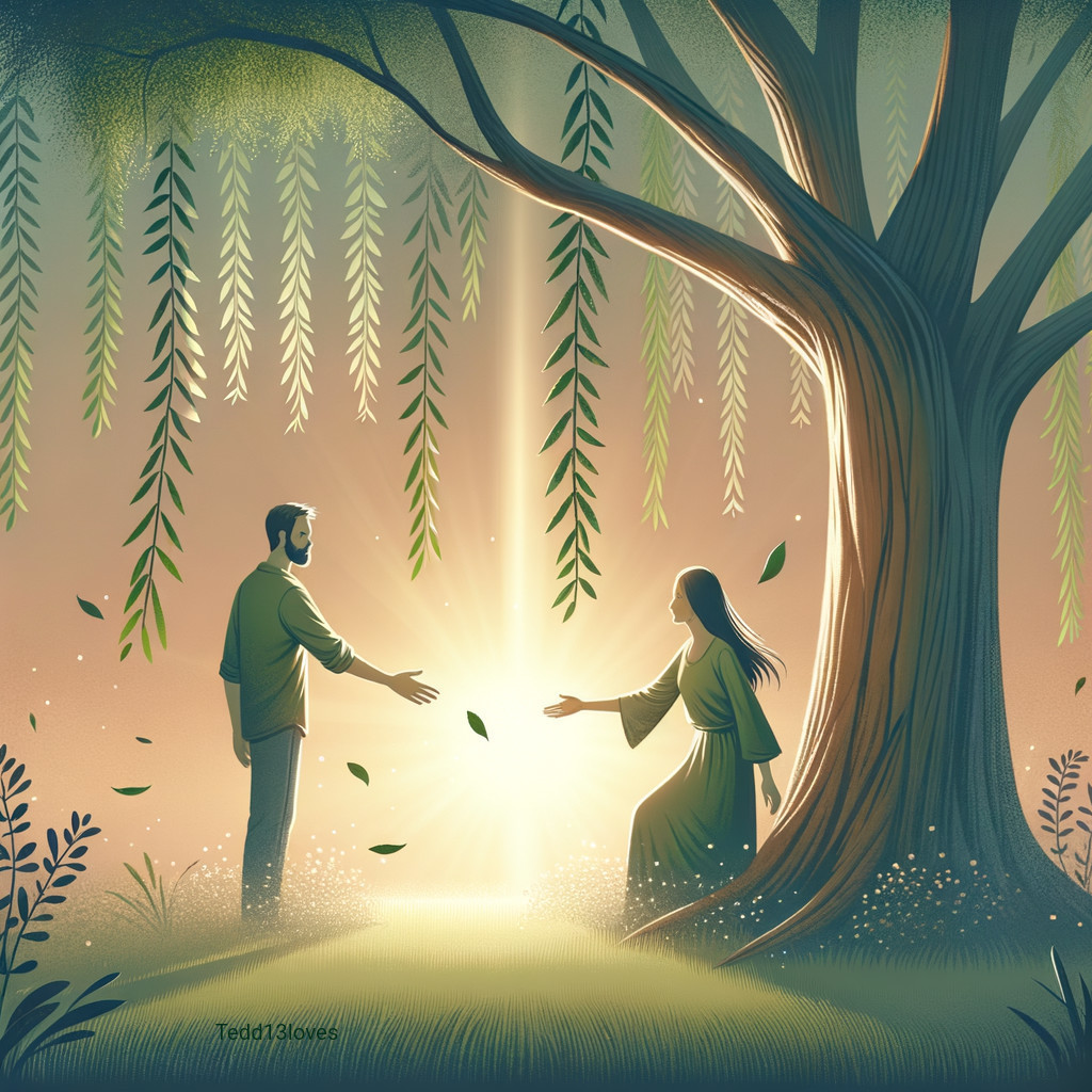 Ethereal Scene of Connection Under Majestic Tree