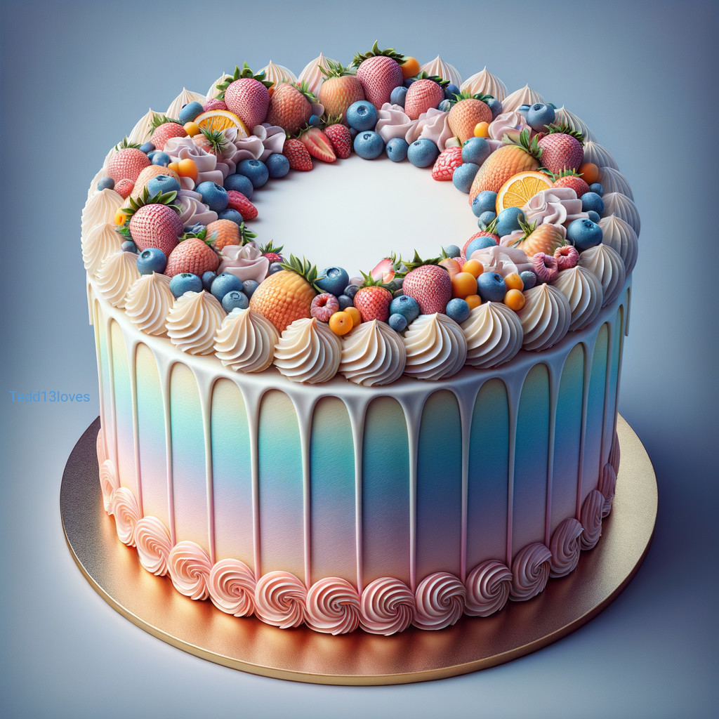 Decorated Cake with Pastel Swirls and Fresh Fruits