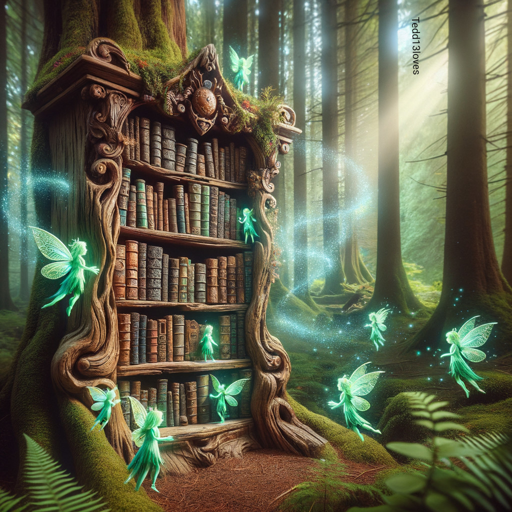 Ornate Bookshelf Surrounded by Fairies in Forest