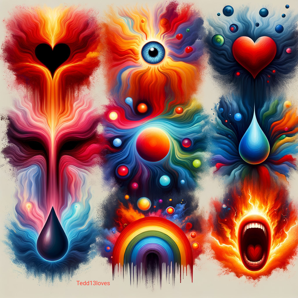 Vibrant Abstract Composition with Heart and Eye Elements
