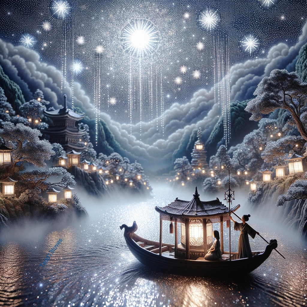 Serene Night Scene with Boat and Lanterns on River