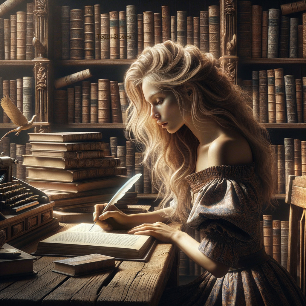 Young Woman Writing in Dimly Lit Library Setting