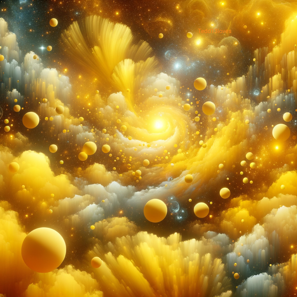 Vibrant Cosmic Scene with Gold Clouds and Orbs