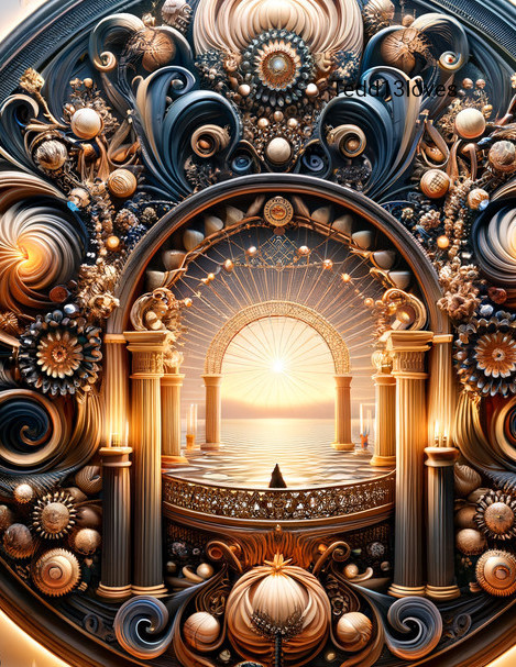 Ornate Architectural Scene with Seascape and Sun