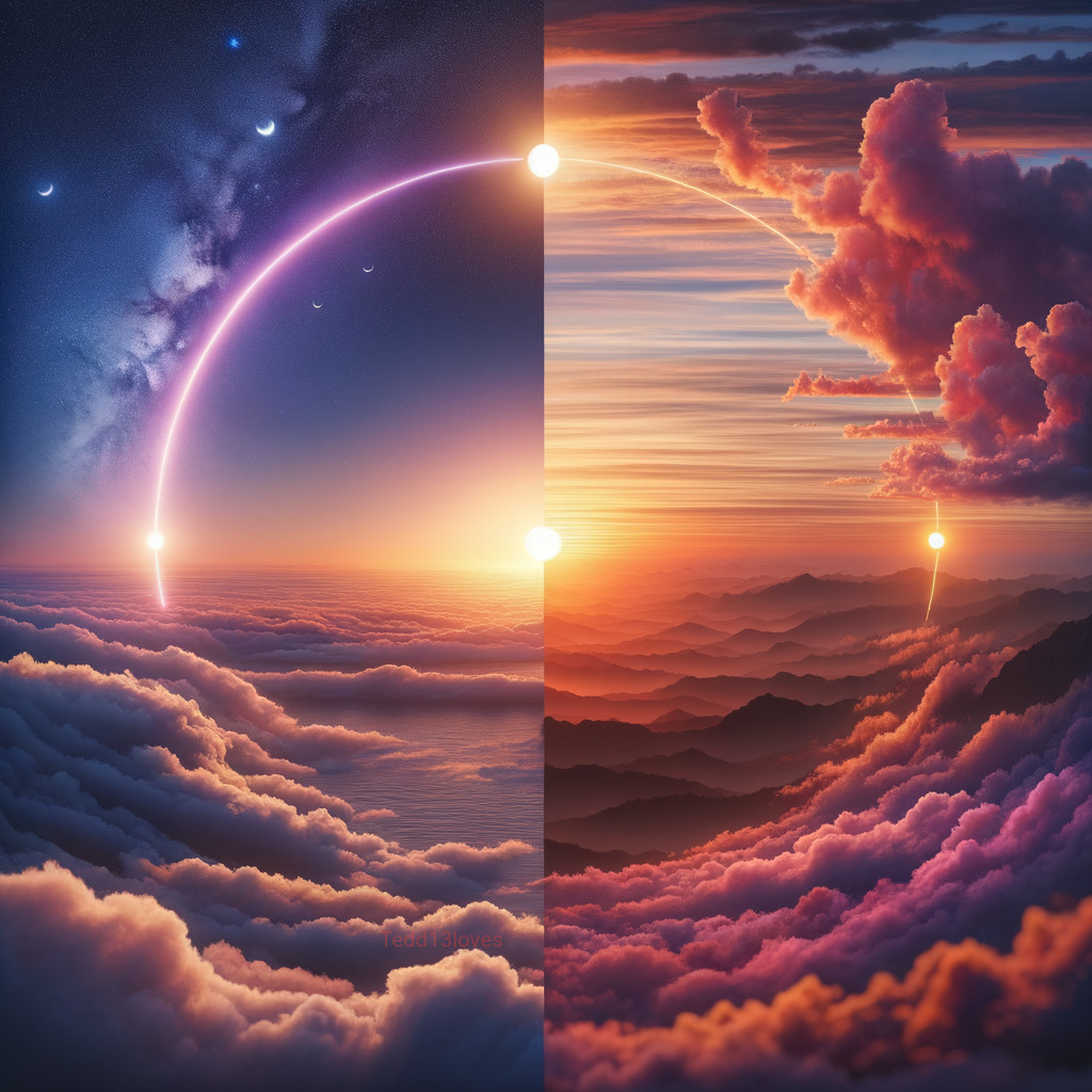 Cosmic Scene and Sunset Contrast in Dual Imagery