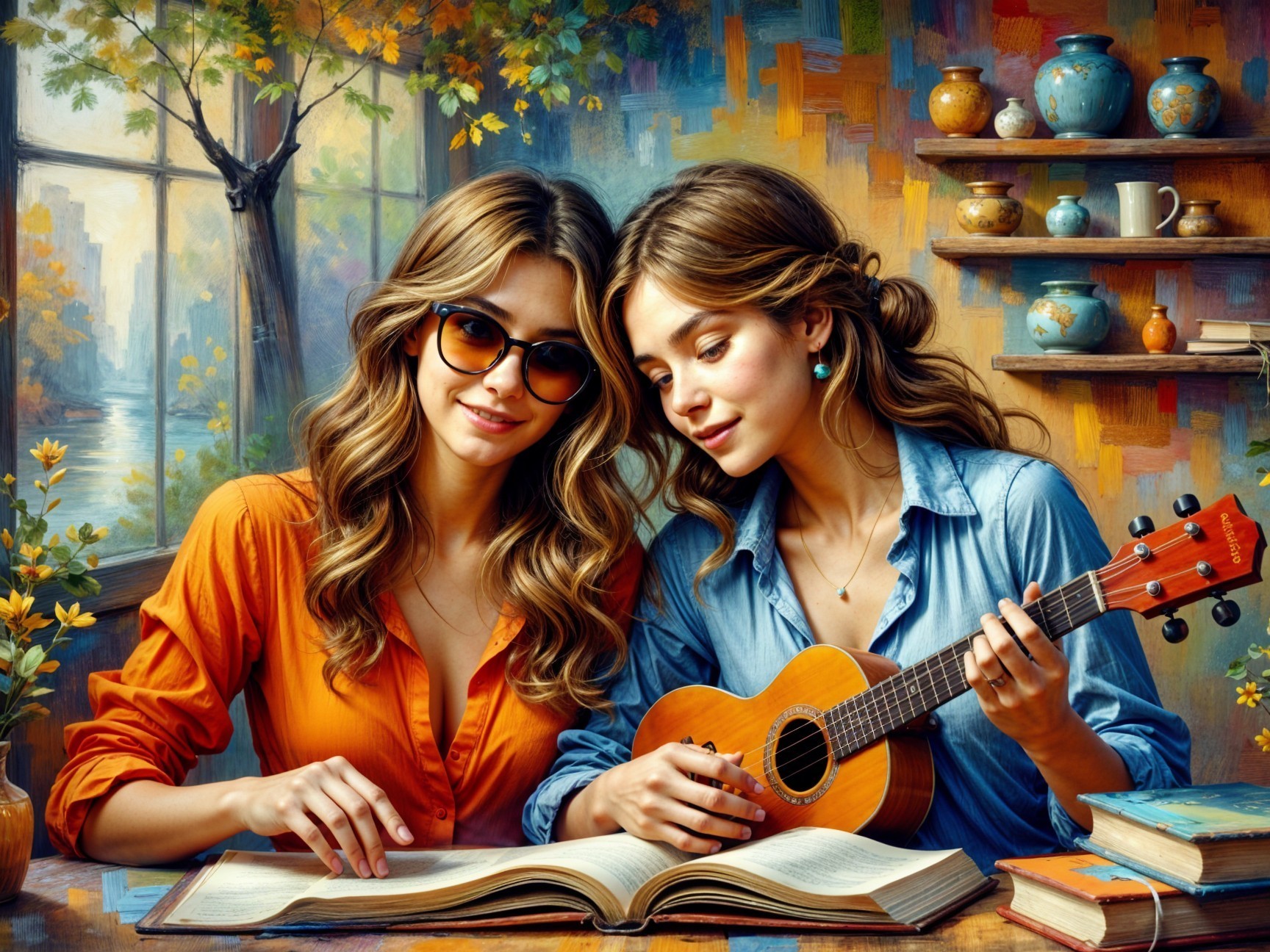 Cozy Room with Two Women Enjoying Music and Reading