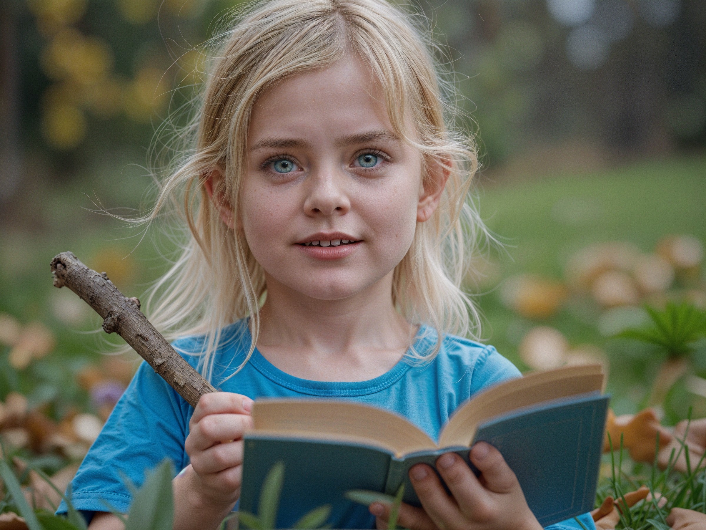 Young girl with blonde hair in nature with a book