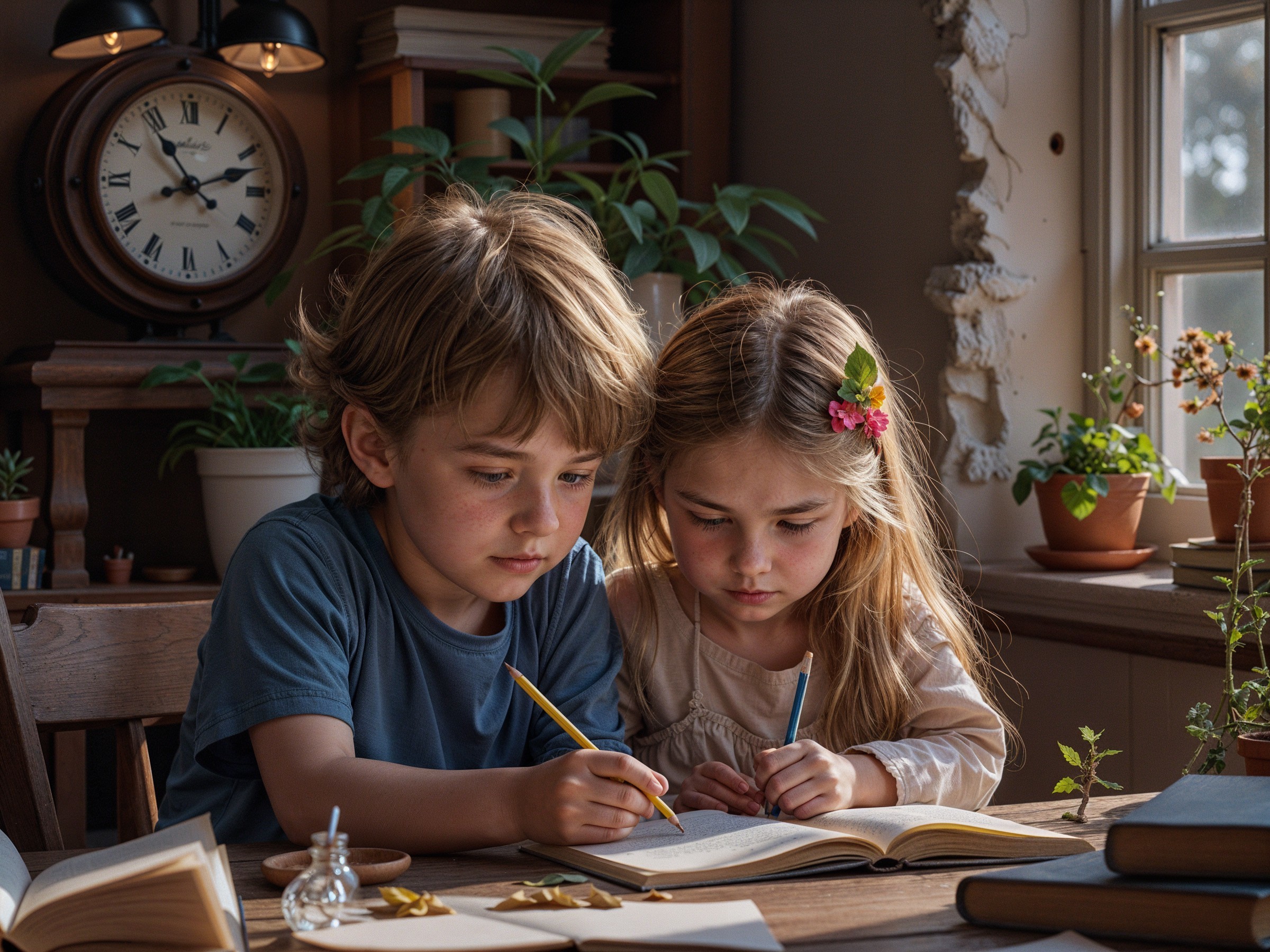 Children Reading in a Sunlit Room with Plants