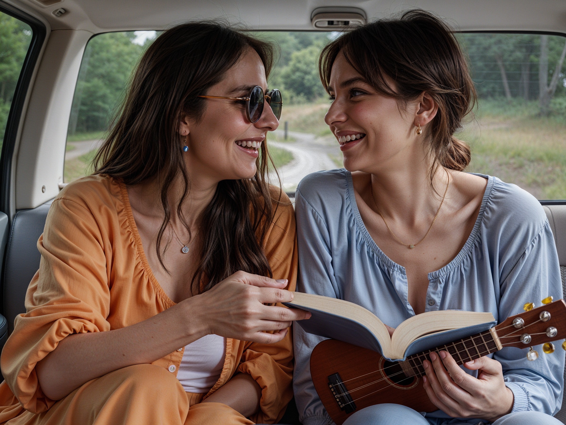Joyful women in a car with a book and ukulele