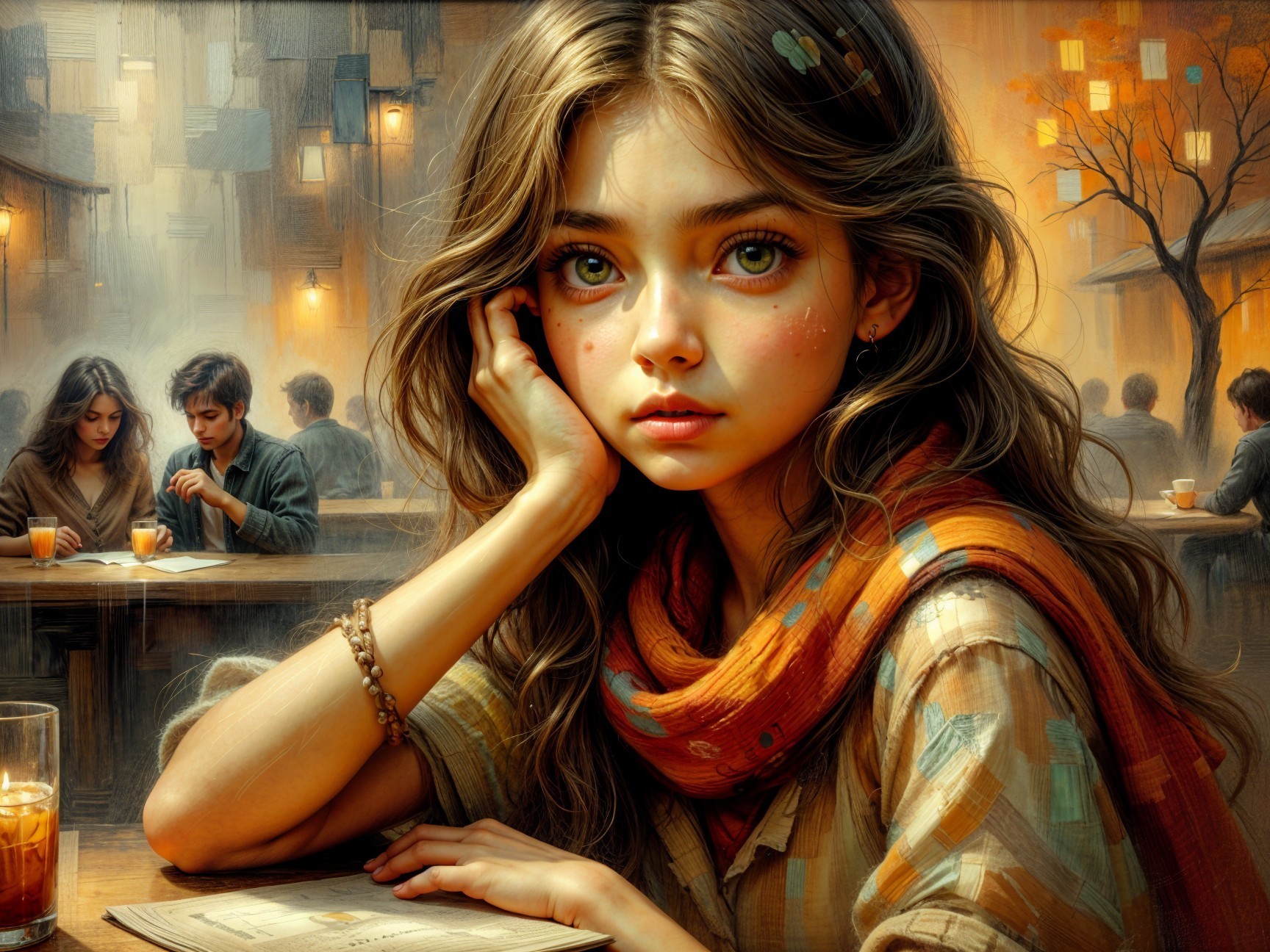 Young girl in café with green eyes and colorful scarf