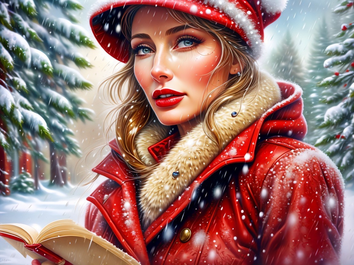 Woman in red coat in snowy forest with open book