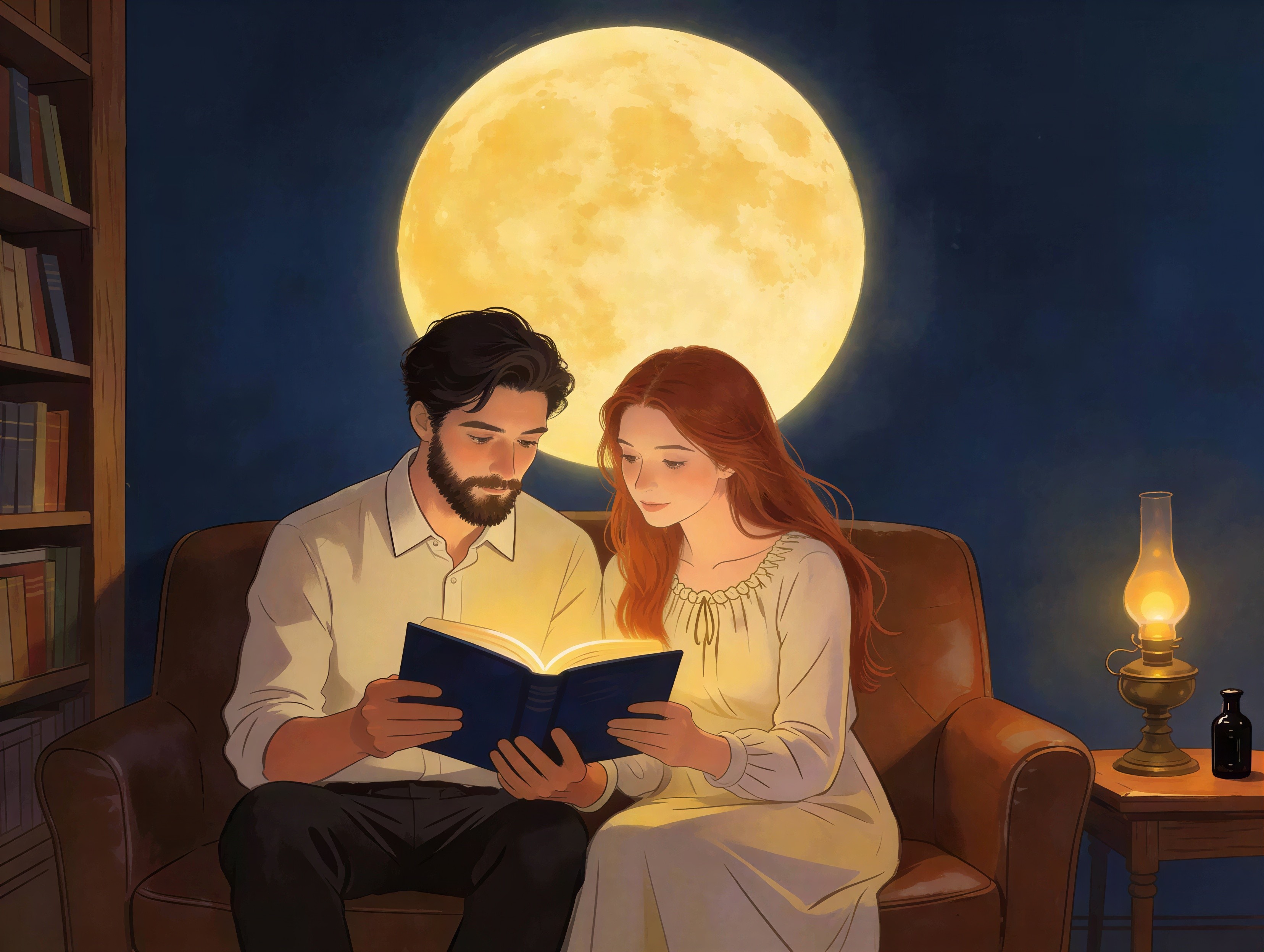 Couple Reading Together Under a Full Yellow Moon