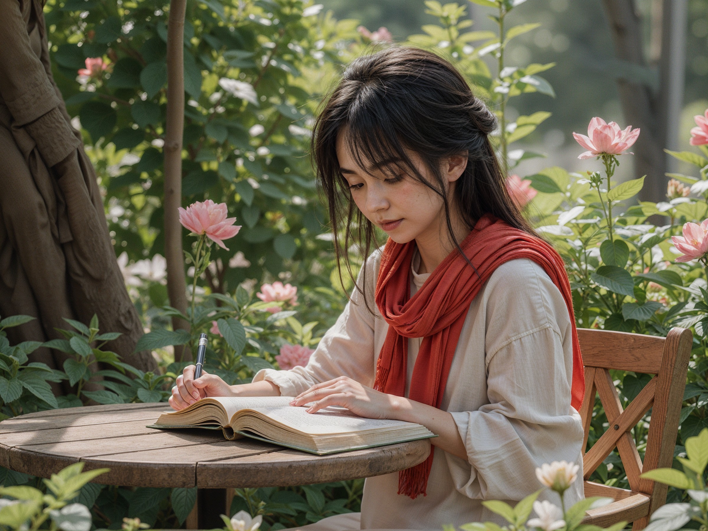 Young woman writing at a table in a garden setting