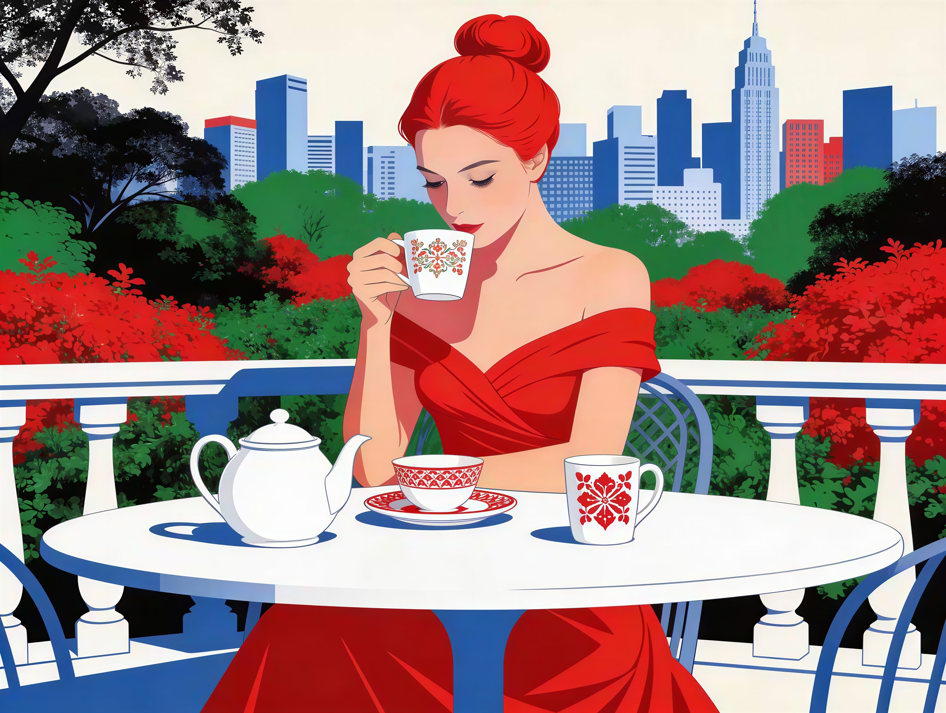 Digital Illustration of Woman in Red Dress on Balcony