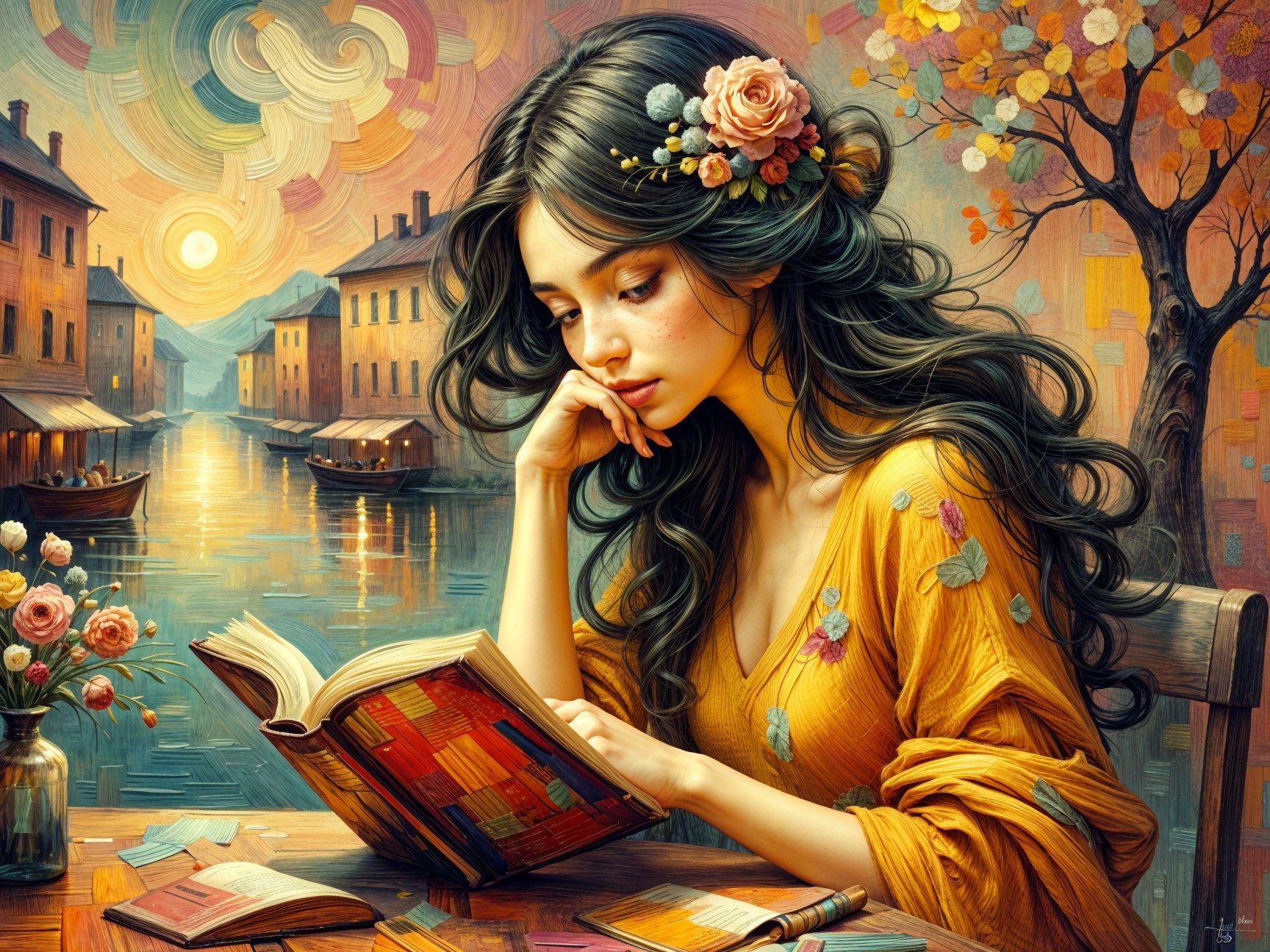 Young Woman in Yellow Dress by Water with Flowers