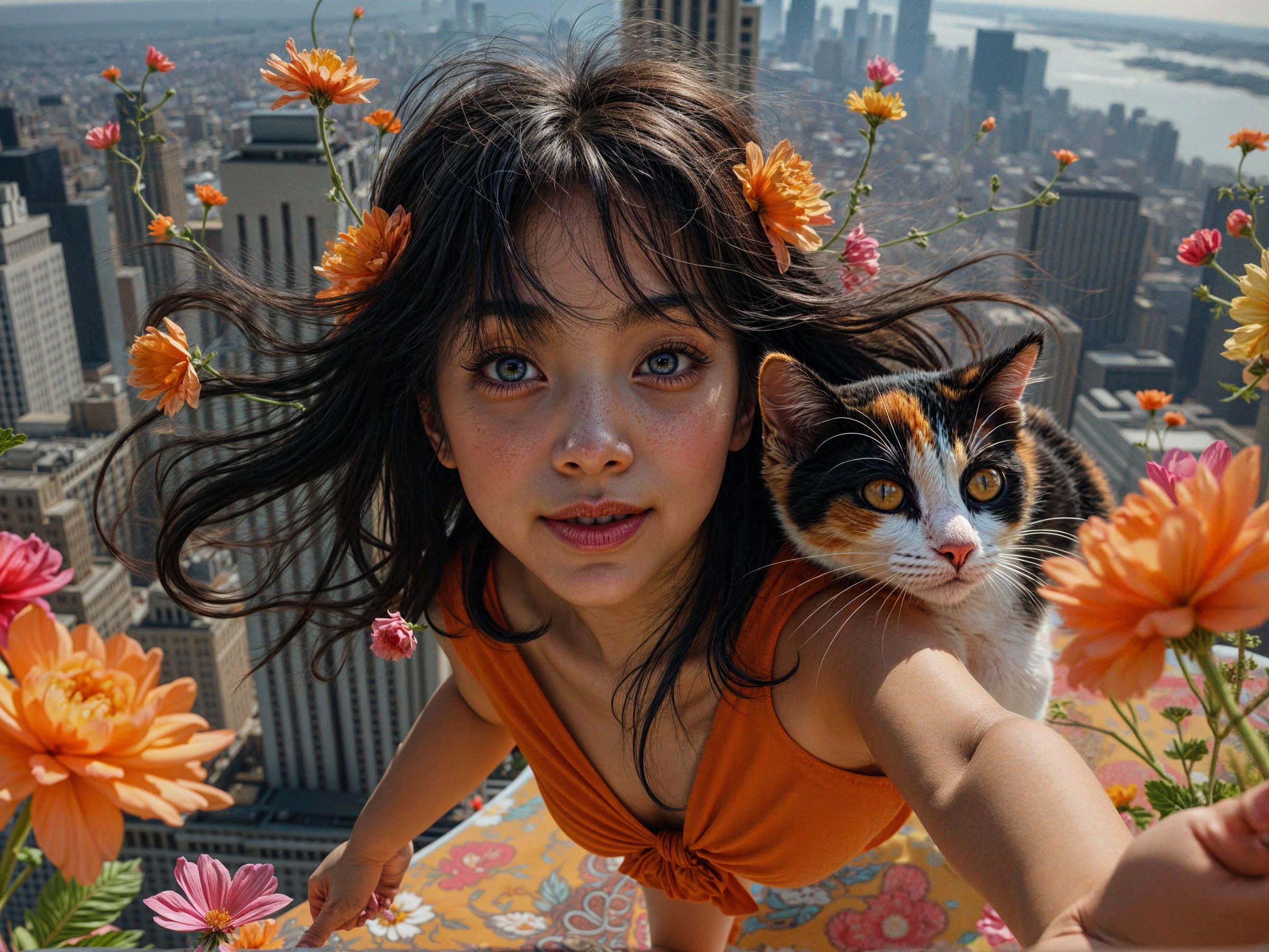 Young woman with flowers and calico cat in cityscape