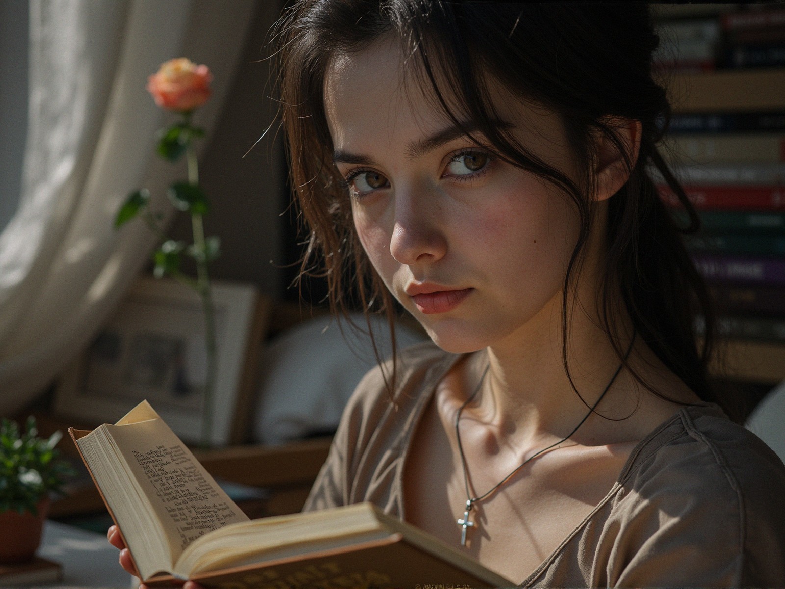 Young woman reading in a sunlit, cozy space
