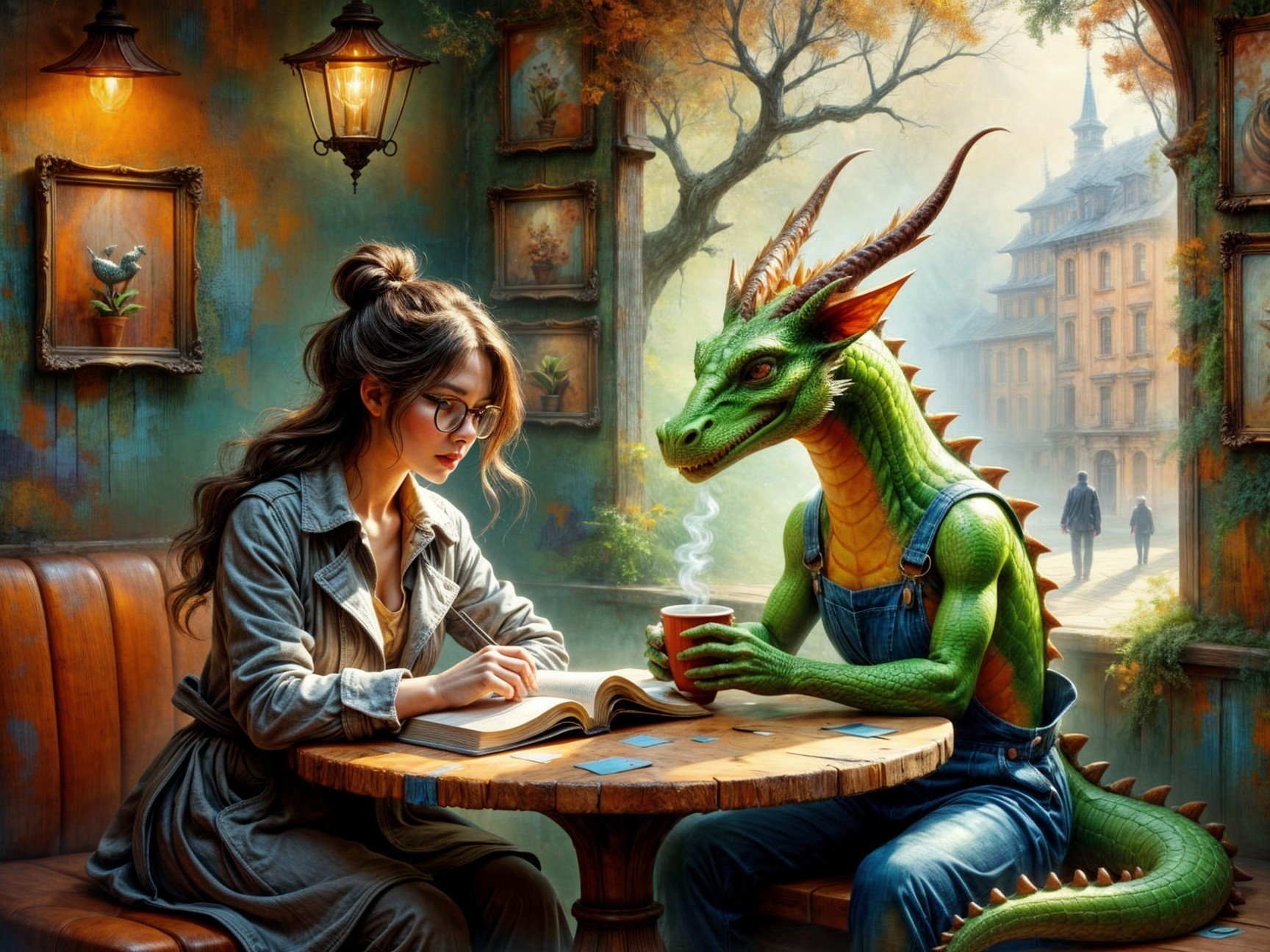 Cozy café scene with a woman and a green dragon