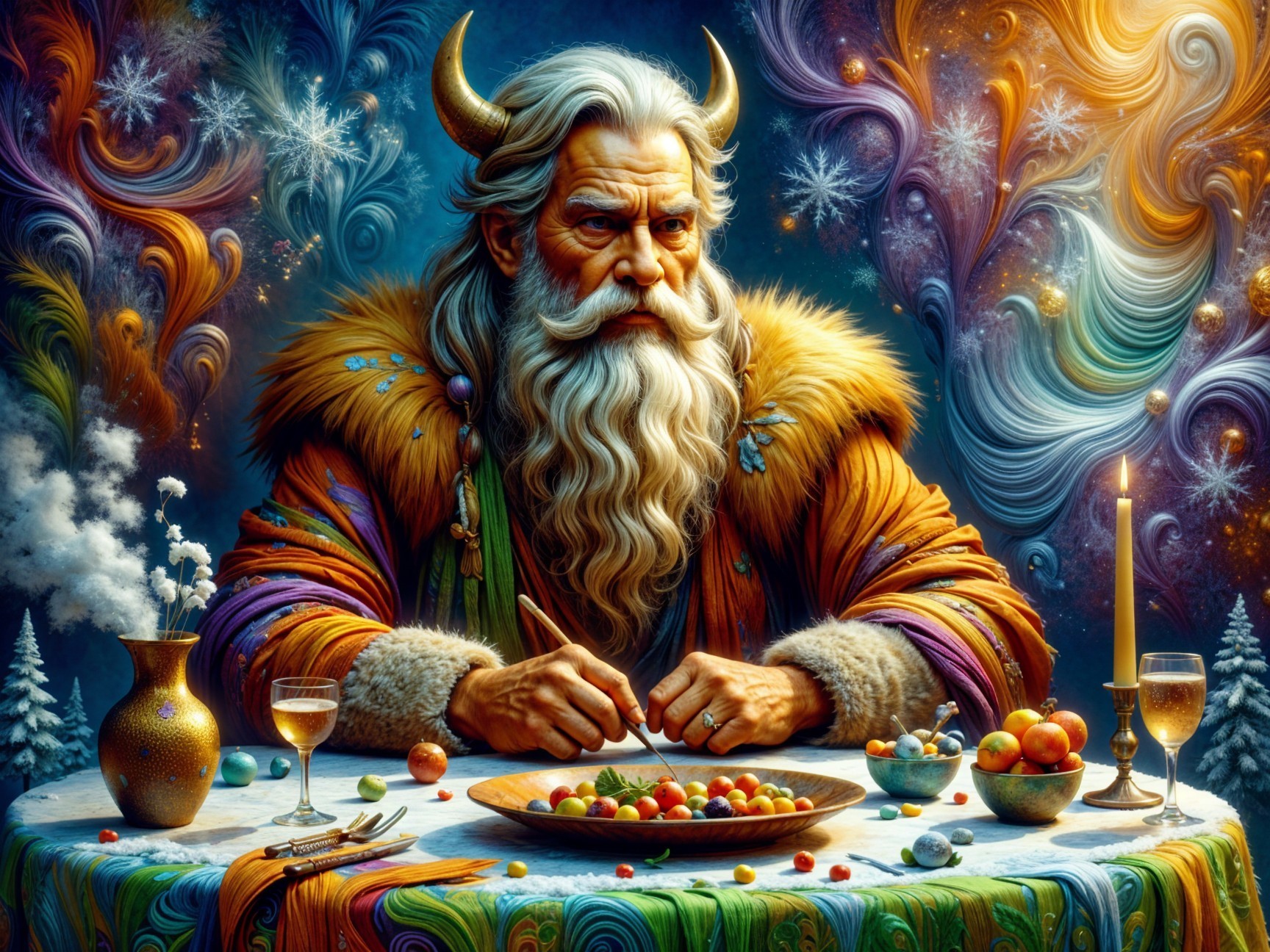 Majestic figure in fur cloak at a lavish table setting