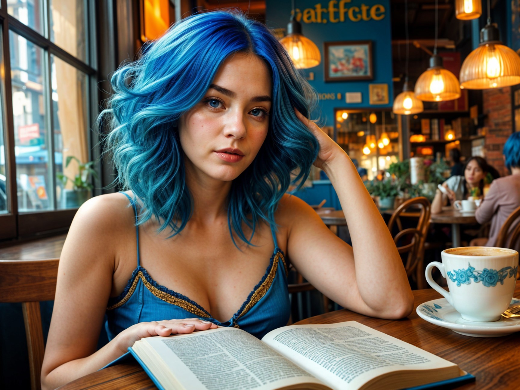 Young woman with blue hair in cozy cafe setting