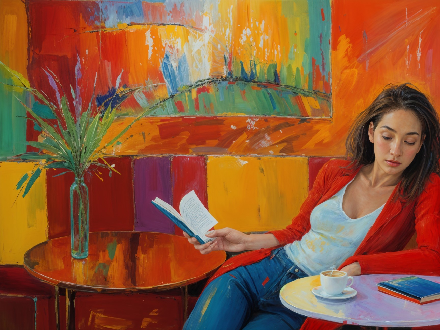 Young Woman Reading in a Colorful Café Setting