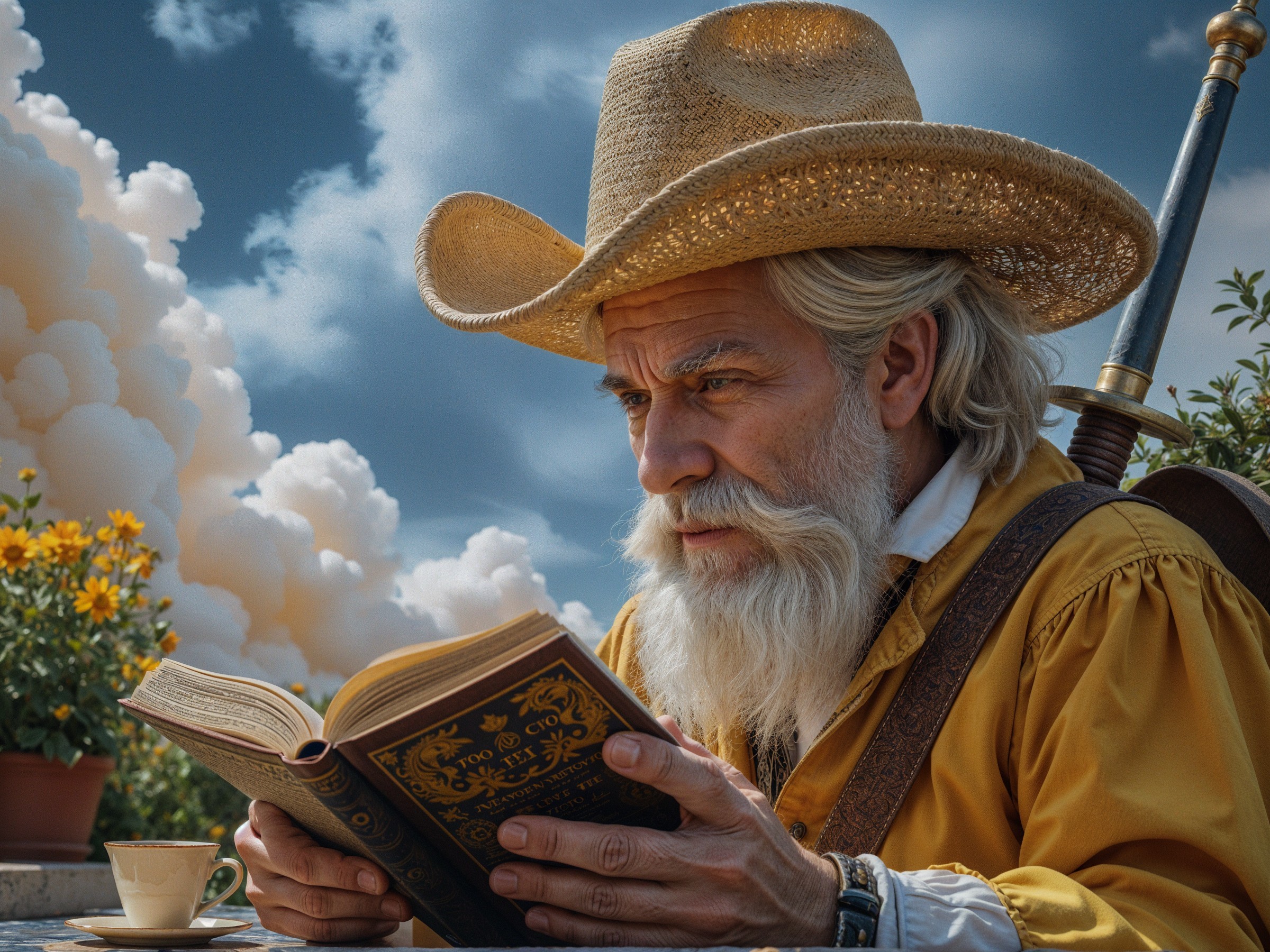 Elderly man reading outdoors among flowers and calm sky