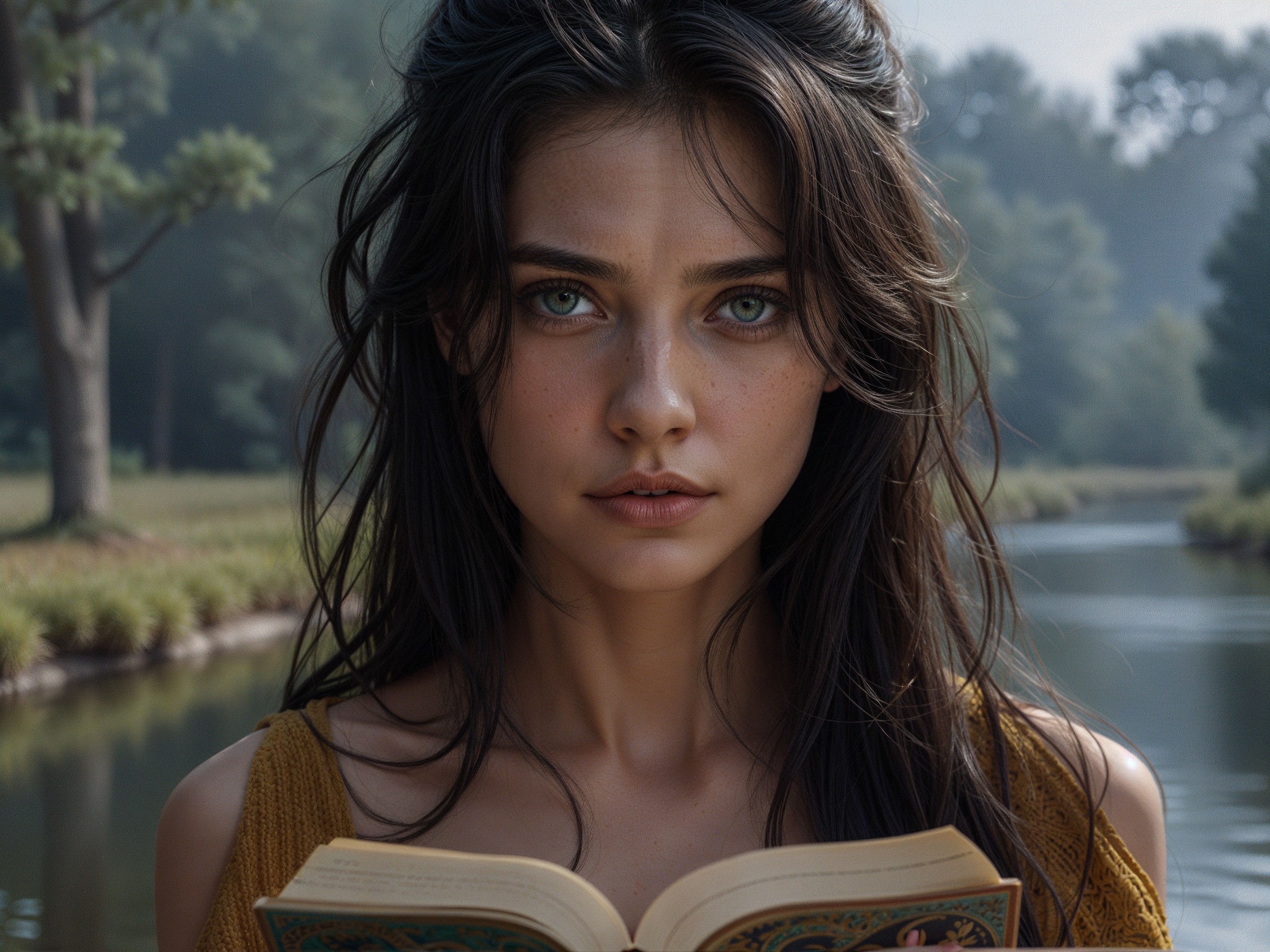 Young woman by river with book and thoughtful expression