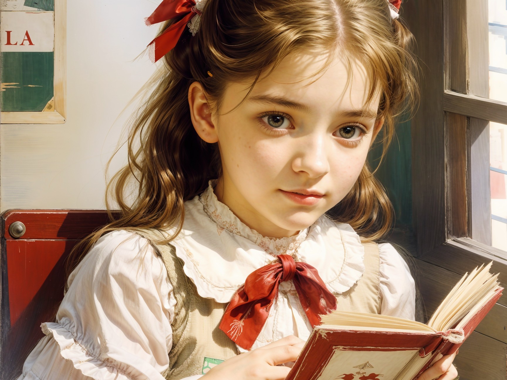 Young girl reading by a window with red ribbons in hair