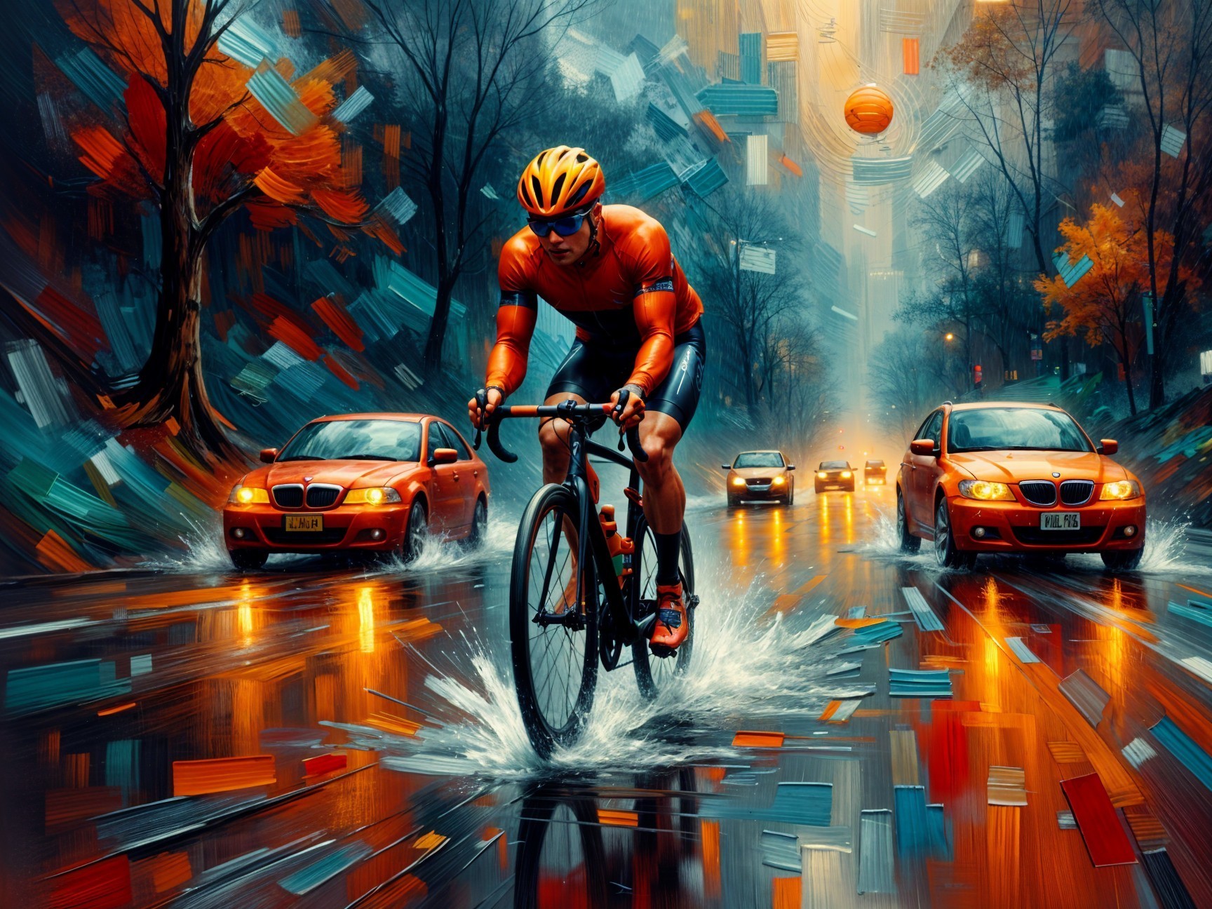Cyclist Navigates Rainy Urban Street in Autumn Colors