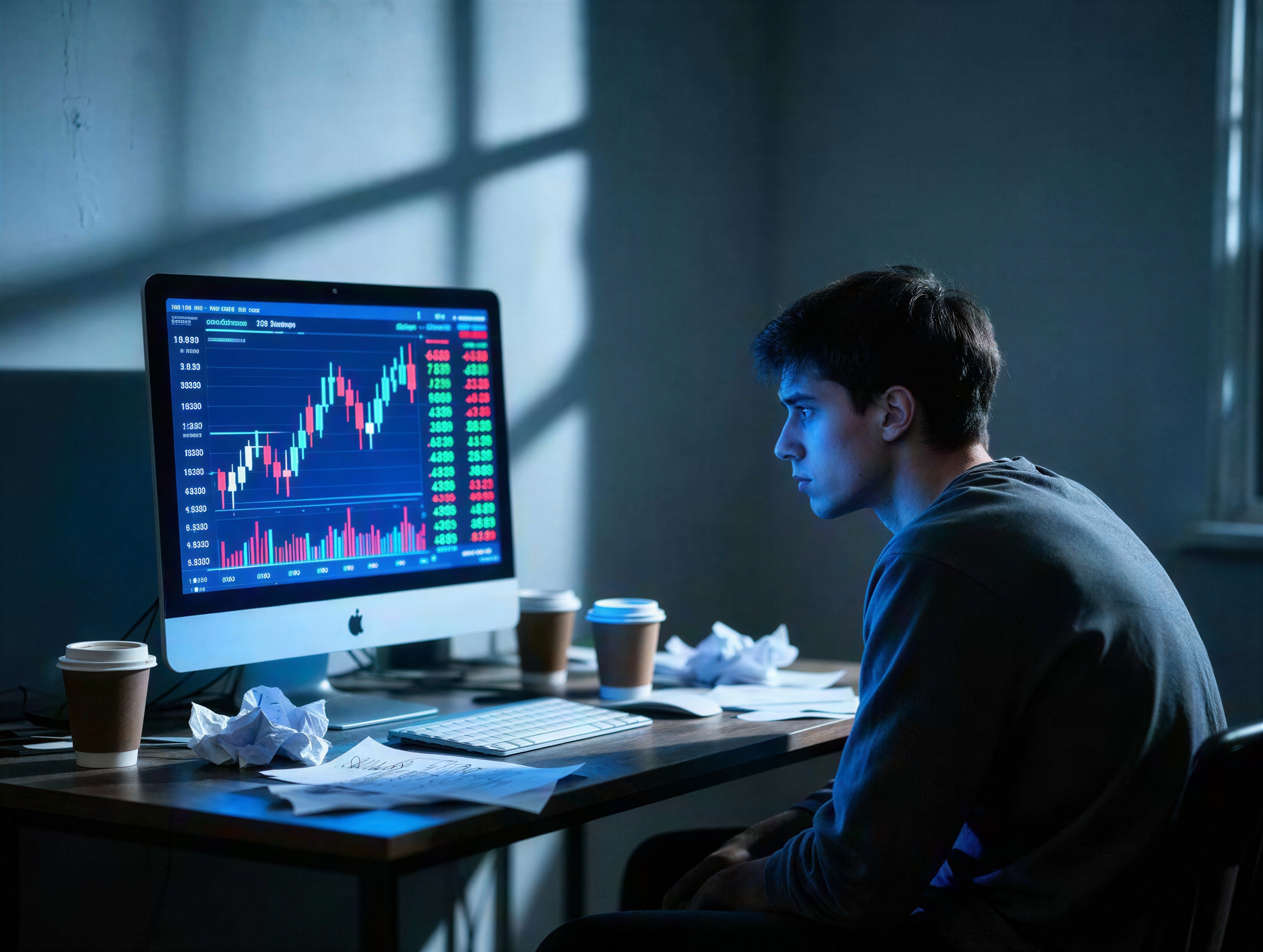 Young man analyzing stock market charts on iMac