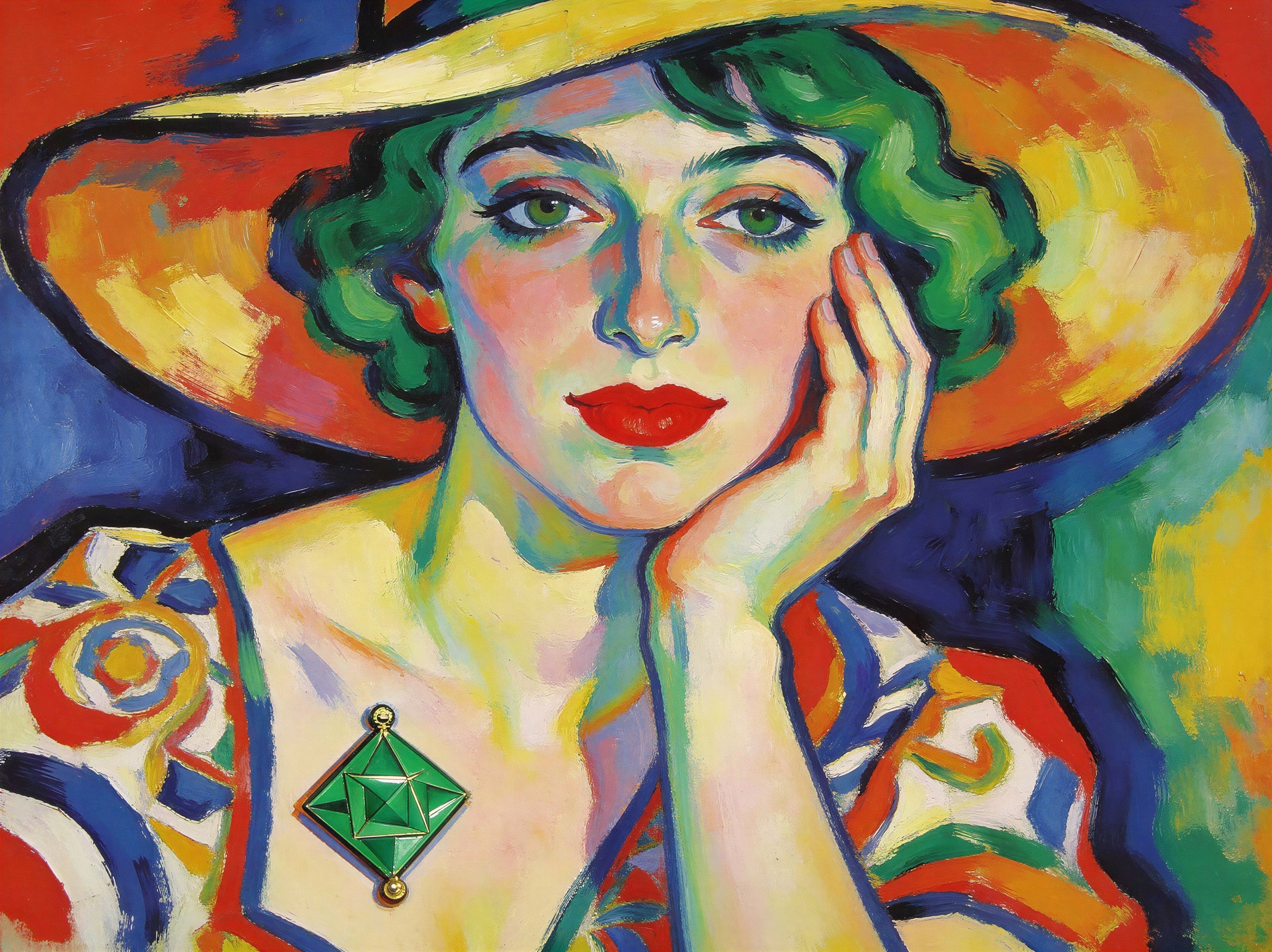 Oil Painting of a Woman with Green Hair and Yellow Hat
