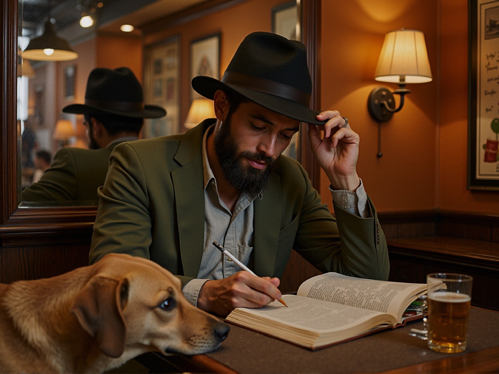 Man in Olive Jacket Reads at Café with Dog
