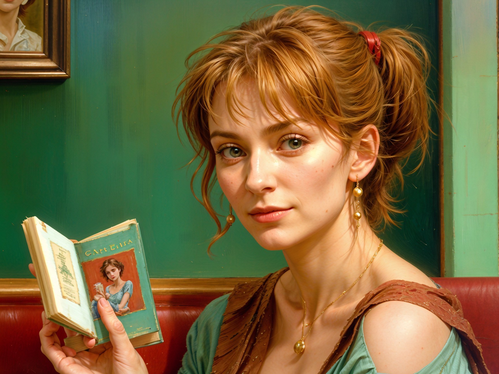 Young woman with book against green wall backdrop